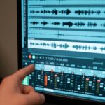 Close-up of a hand pointing at audio editing software on a monitor in a recording studio.